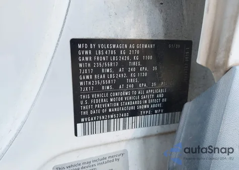 2009 Volkswagen Tiguan Se z USA, uszkodzony, nr VIN WVGAV75N29W527403